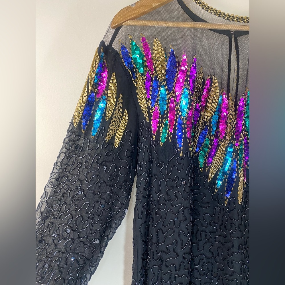 Vintage Erica Louis Beaded Silk Dress – Black Sequin Long Sleeve Elegant Gown - Picture 5 of 13